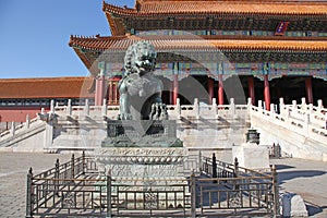 China. Beijing. The bronze lion statue in Forbidden City